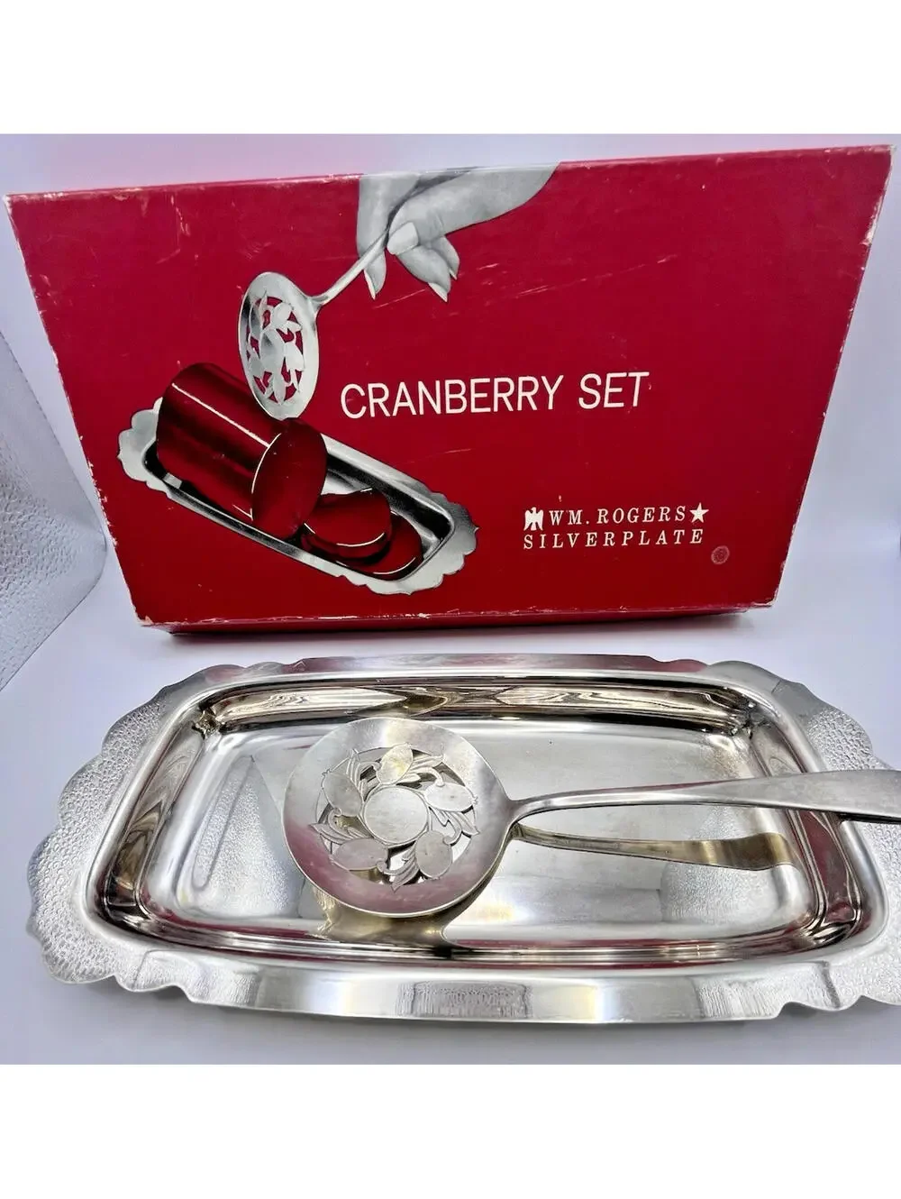 WM. Rogers Silverplate Ocean Spray VTG Cranberry Set Spoon & Plate Original Box